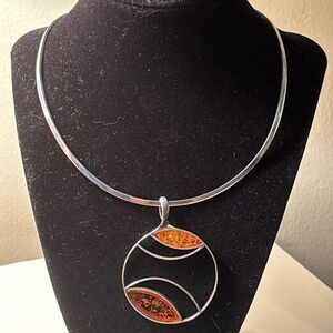 Artistic Sterling Silver and Amber Pendant Collar Necklace Marked 925 Mexico